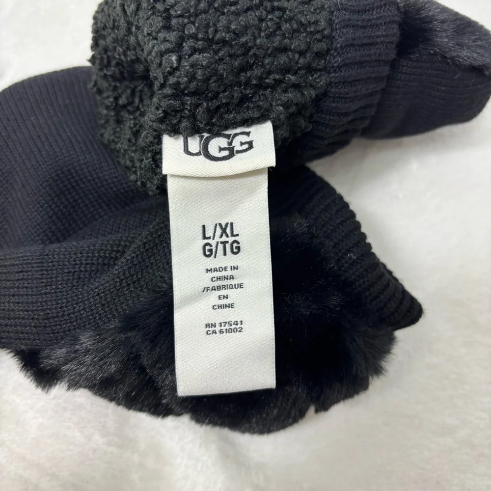 UGG Luxe BLACK‎ FAUX FUR FUZZY WOOL BLEND MITTENS WITH SHERPA LINING size L/XL